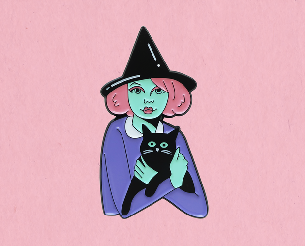 Witch and her familiar enamel lapel pin