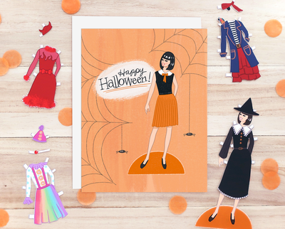 Paper doll Halloween greeting card