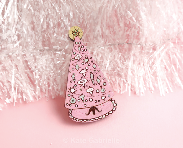 Pink Christmas tree enamel lapel pin
