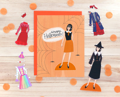 Paper doll Halloween greeting card